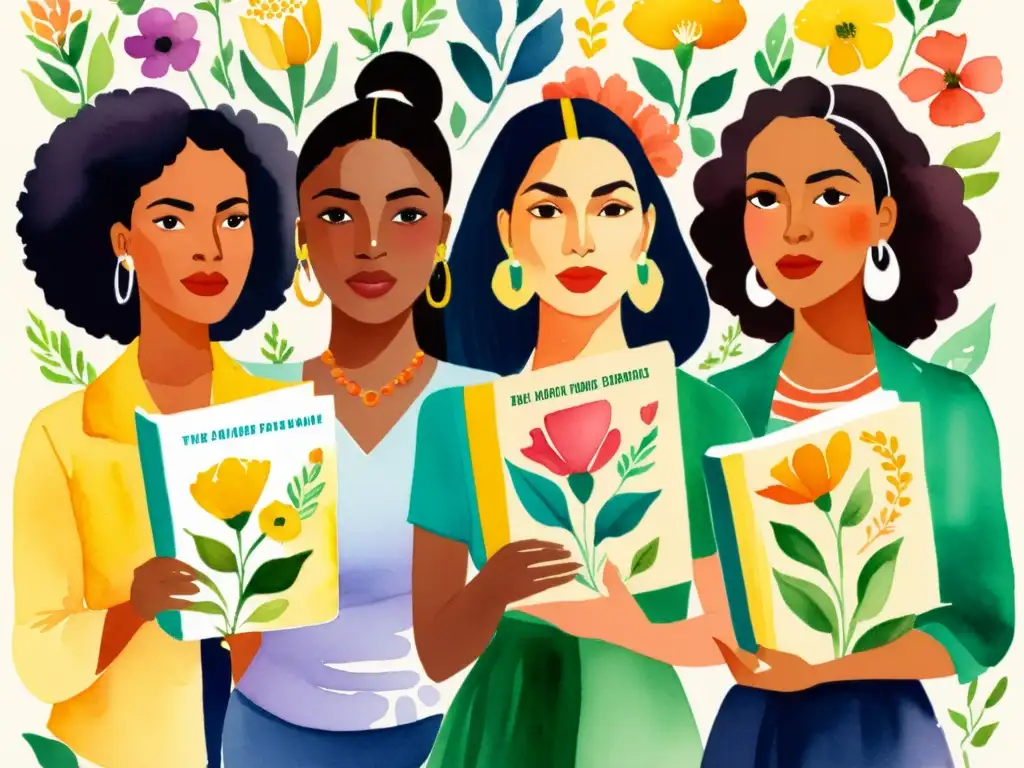 Vibrante ilustración de mujeres fuertes con libros de poesía y flores Un grupo de mujeres diversas, con libros de poesía, rodeadas de flores y versos de poesía feminista latinoamericana, emanan fuerza y resistencia