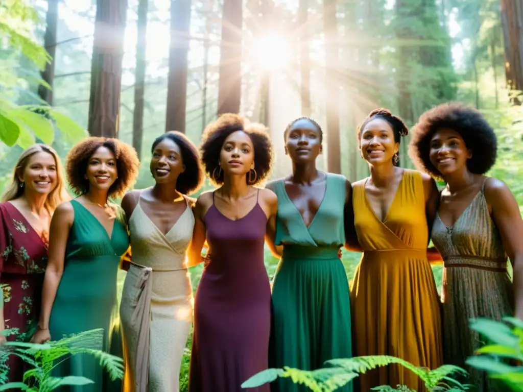 Grupo de mujeres poetas ecofeministas unidas en un bosque vibrante, expresando su lucha por la tierra con determinación y pasión