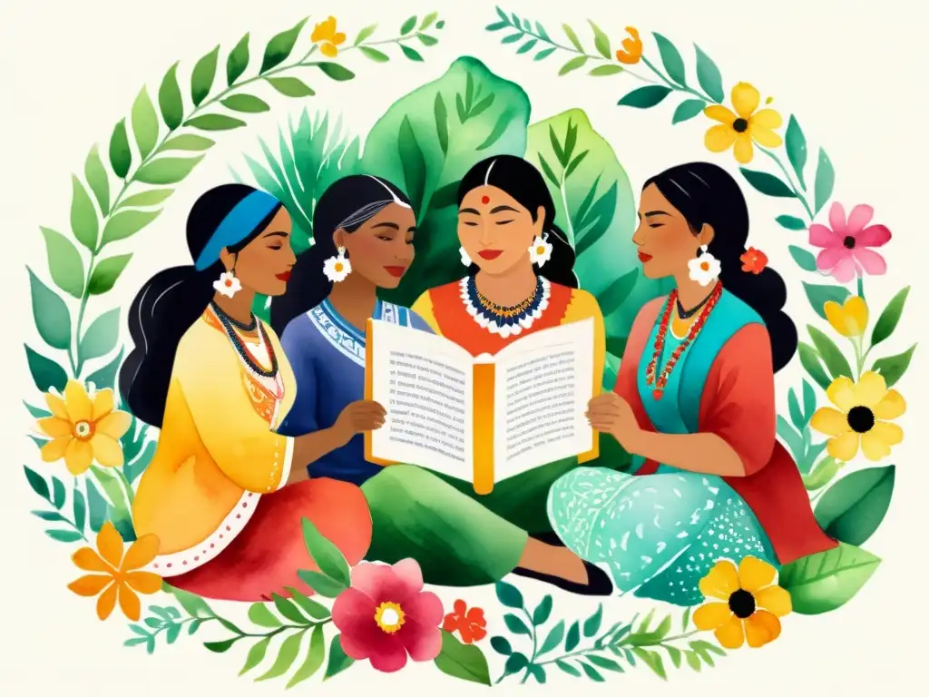 Grupo de mujeres indígenas en círculo con poesía femenina en culturas indígenas, rodeadas de naturaleza exuberante y flores vibrantes