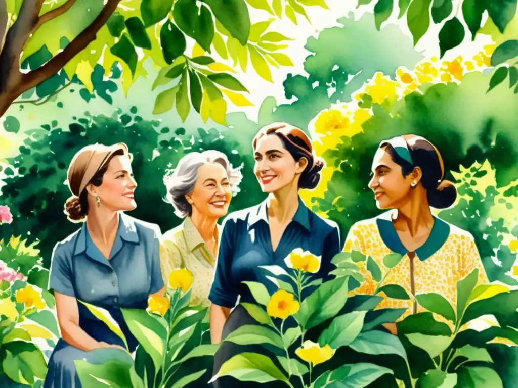 Grupo de mujeres poetas del siglo 20 en un jardín soleado con flores vibrantes y exuberante vegetación, expresando creatividad y empoderamiento