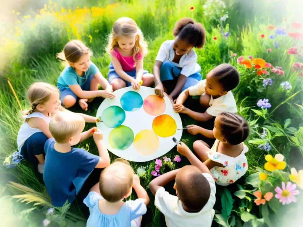 Un grupo de niños crea coloridas pinturas al aire libre, rodeados de flores silvestres