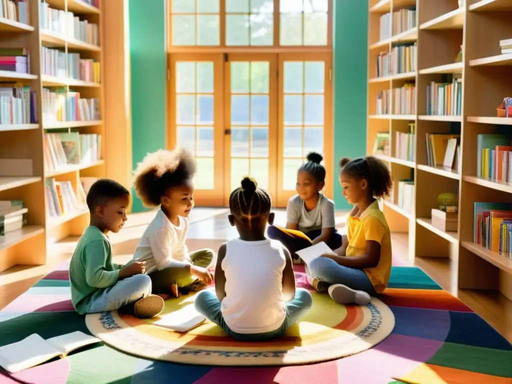 Un grupo de niños participa entusiasmado en un taller de poesía, rodeados de libros y materiales artísticos, bajo la cálida luz del sol