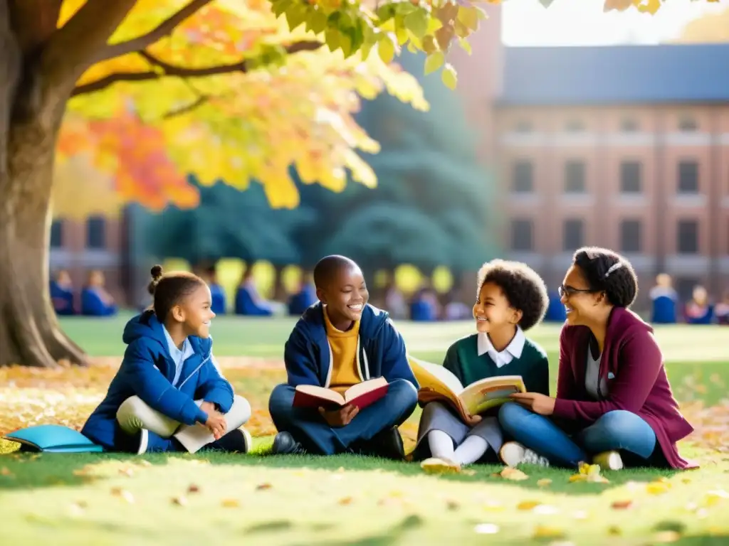 Grupo de niños escolares leyendo poesía en círculo, rodeados de hojas otoñales, en un patio escolar tranquilo