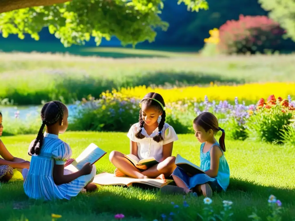 Un grupo de niños escucha atentamente a una niña leyendo un poema en un prado verde y florido