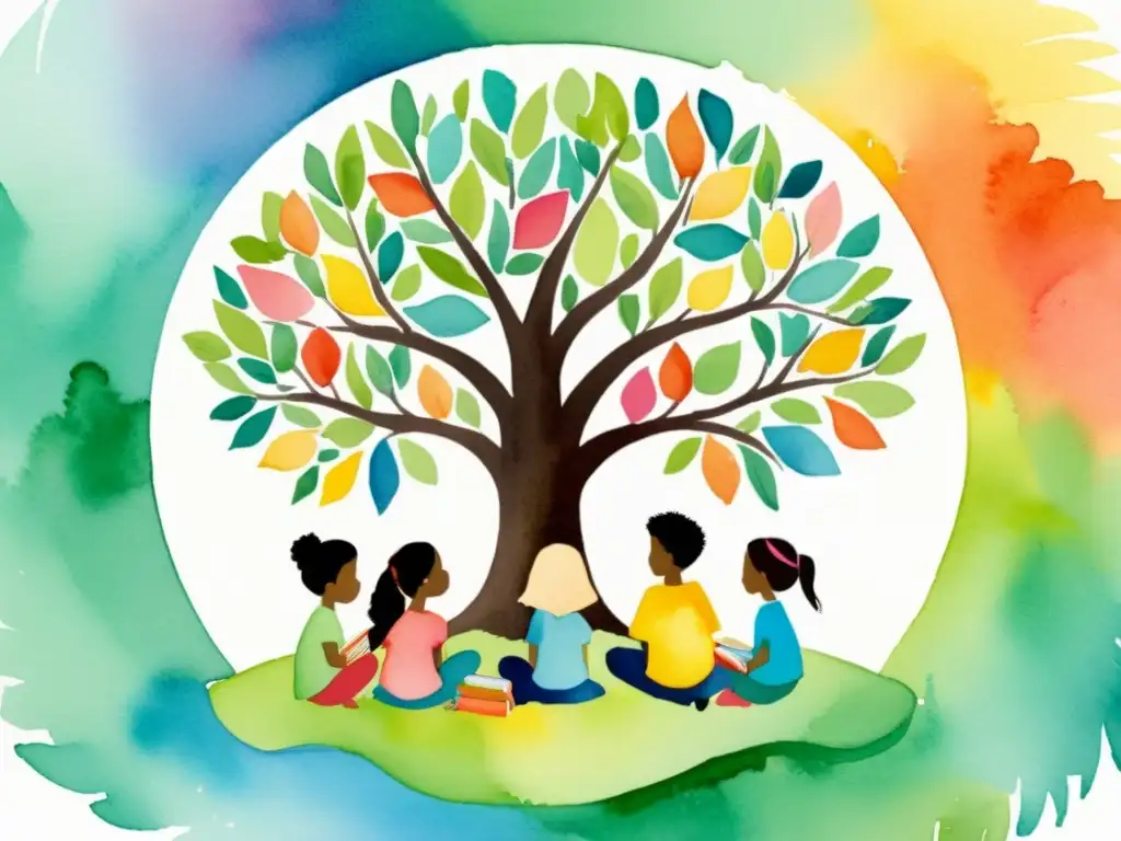 Un grupo de niños sonrientes escucha a un maestro recitar poesía bajo un árbol colorido