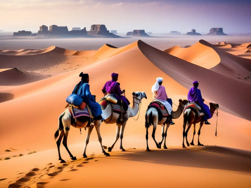 Grupo de nómadas Tuareg surcando el dorado Sahara en camellos, exudando la poesía nómada Tuareg Sahara