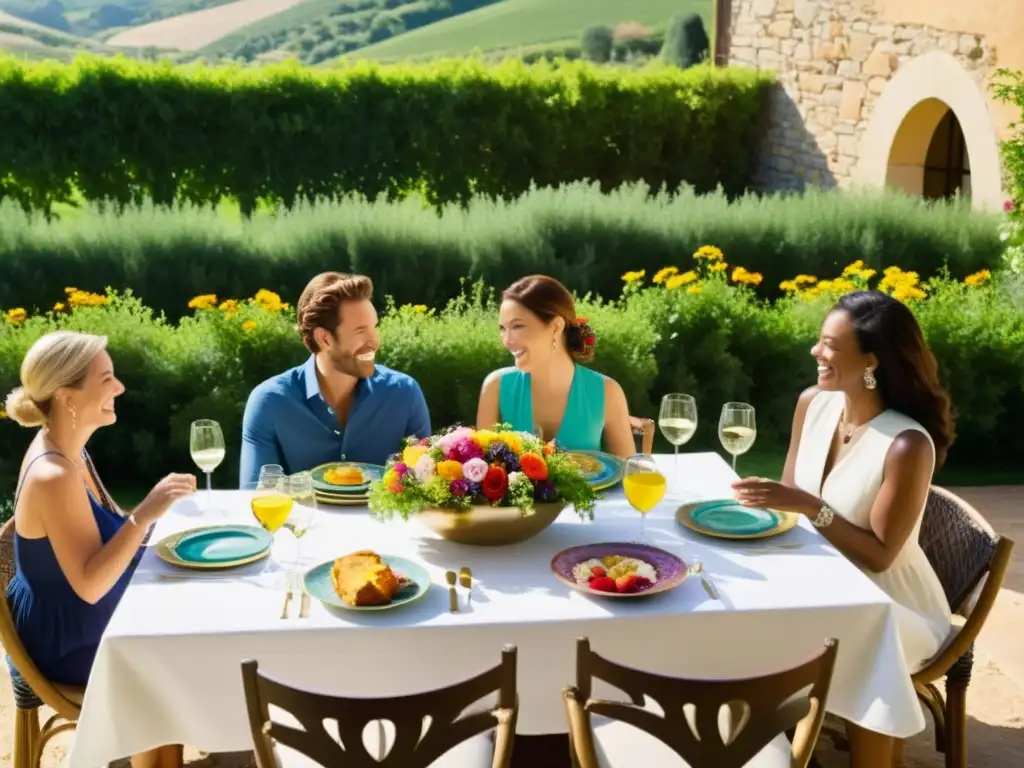 Un grupo de personas disfruta de una comida exquisita en un patio soleado rodeado de naturaleza