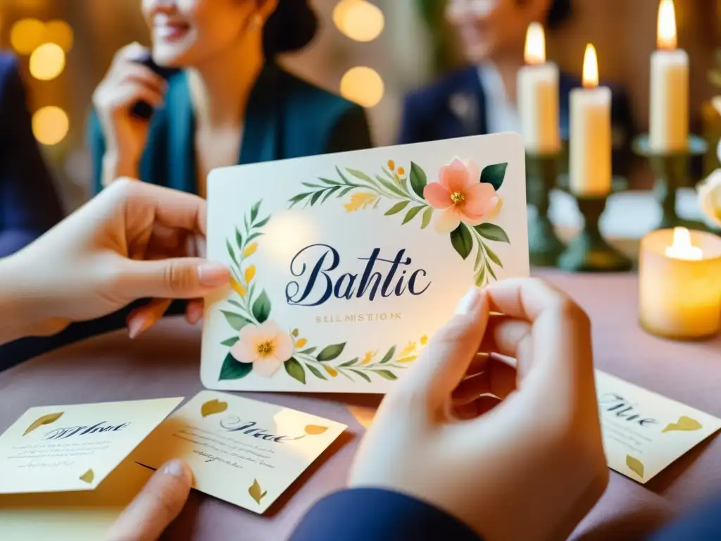 Un grupo de personas en un evento elegante admira tarjetas poéticas para eventos especiales en una ilustración de acuarela