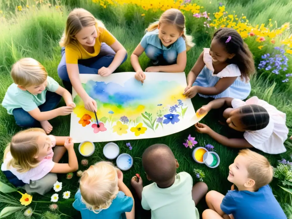 Grupo de niños crea poesía con acuarelas en un campo de flores