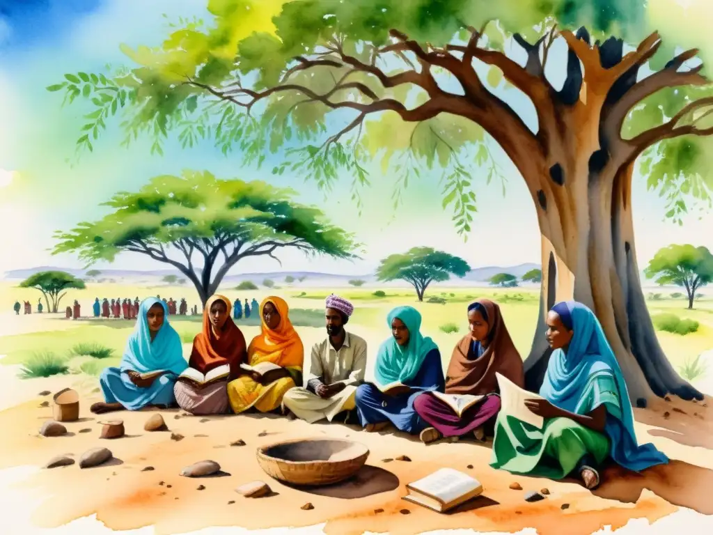 Poetas somalíes recitando bajo un árbol de acacia Un grupo de poetas somalíes recita bajo un acacia, mostrando la resiliencia de la poesía somalí