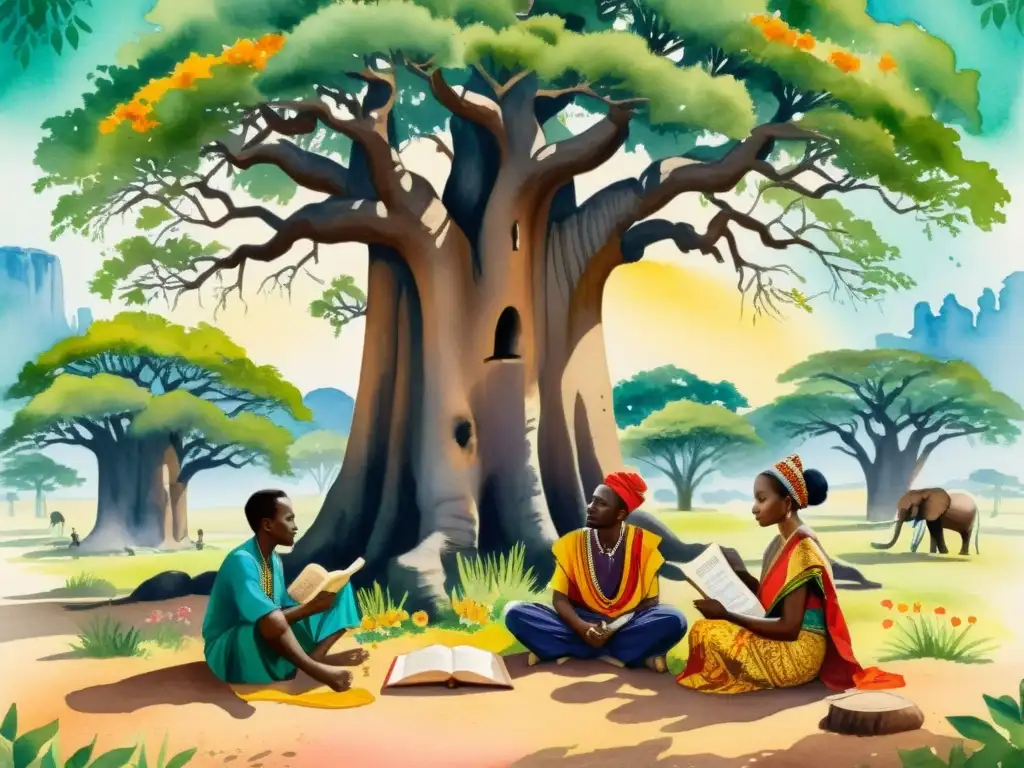 Un grupo de poetas africanos se reúnen bajo un baobab, escribiendo en sus diarios mientras la luz del sol filtra a través de las ramas