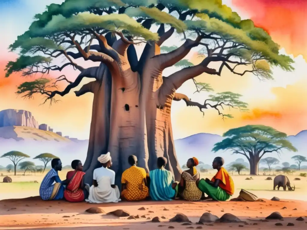 Conversación poética bajo el baobab al atardecer Grupo de poetas africanos bajo un baobab al atardecer, hablando entre sí