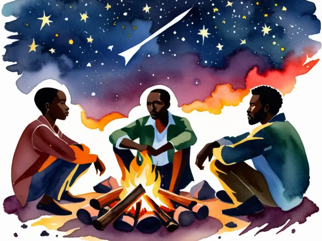 Un grupo de poetas africanos se reúnen alrededor de una fogata, recitando versos bajo el cielo estrellado