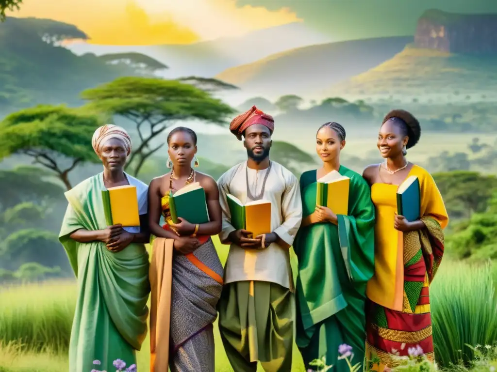 Un grupo de poetas africanos con libros de poesía, vistiendo atuendos tradicionales en un paisaje africano