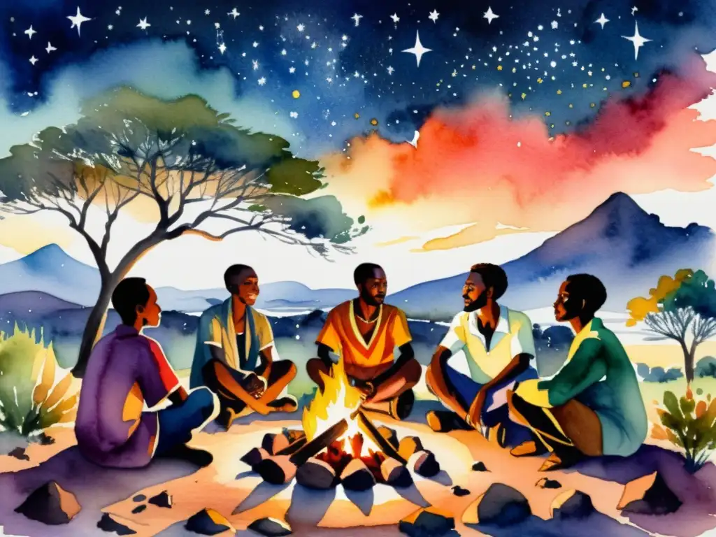 Un grupo de poetas africanos recita versos alrededor de una fogata bajo el cielo estrellado, resaltando la importancia de la poesía africana