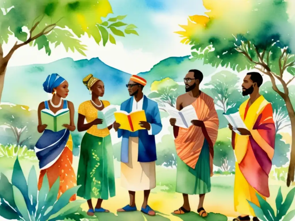 Un grupo de poetas africanos recita versos poderosos, celebrando la diversidad lingüística y la rica tradición de la poesía en África