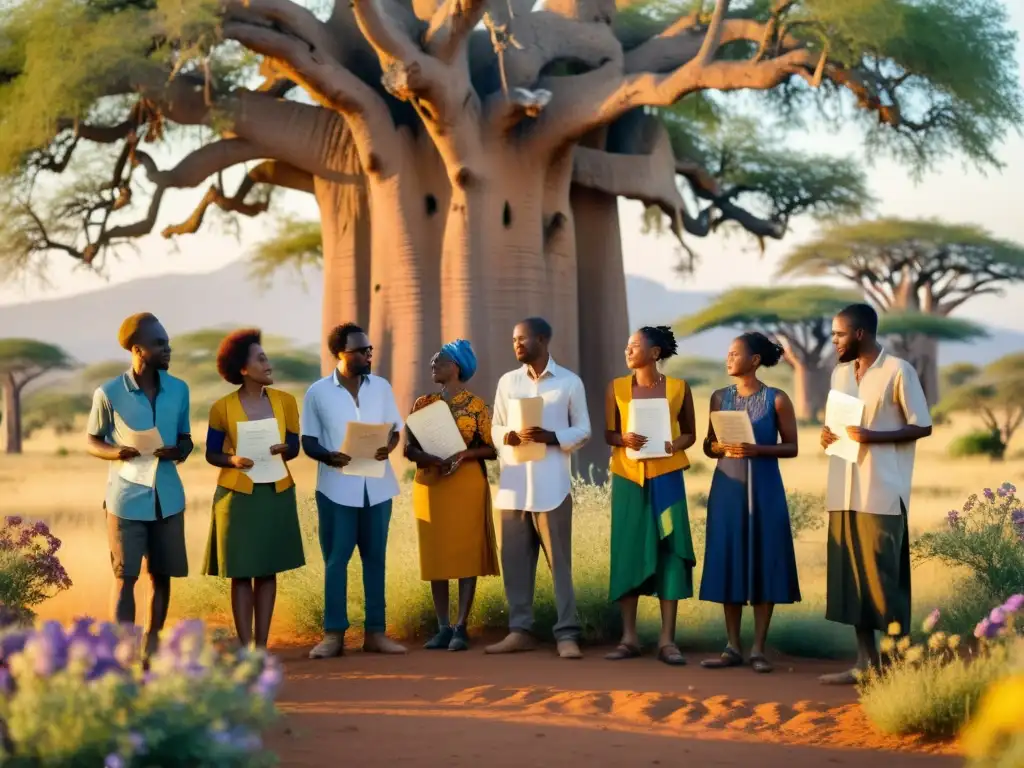 Un grupo de poetas africanos recitando versos bajo un baobab, rodeados de flores silvestres