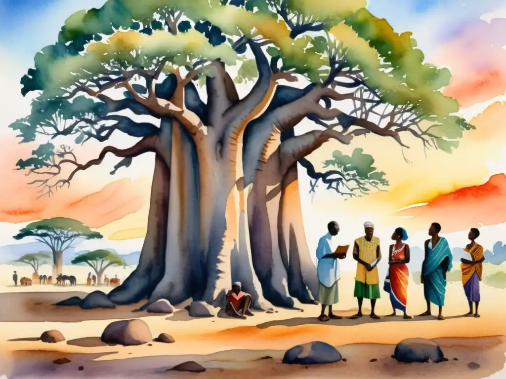 Poetas africanos bajo baobab: resistencia y poesía Grupo de poetas africanos recitan versos bajo un baobab, expresando su identidad cultural frente al colonialismo