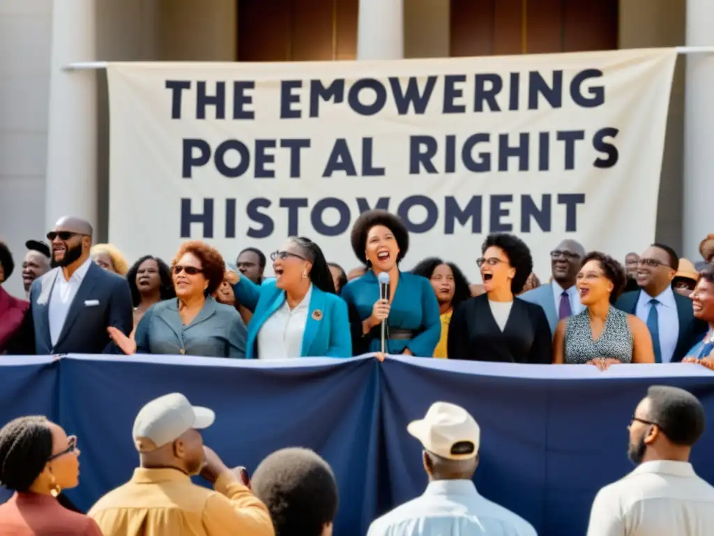 Grupo de poetas afroamericanos recitando versos poderosos en una manifestación por los derechos civiles, transmitiendo emoción y determinación