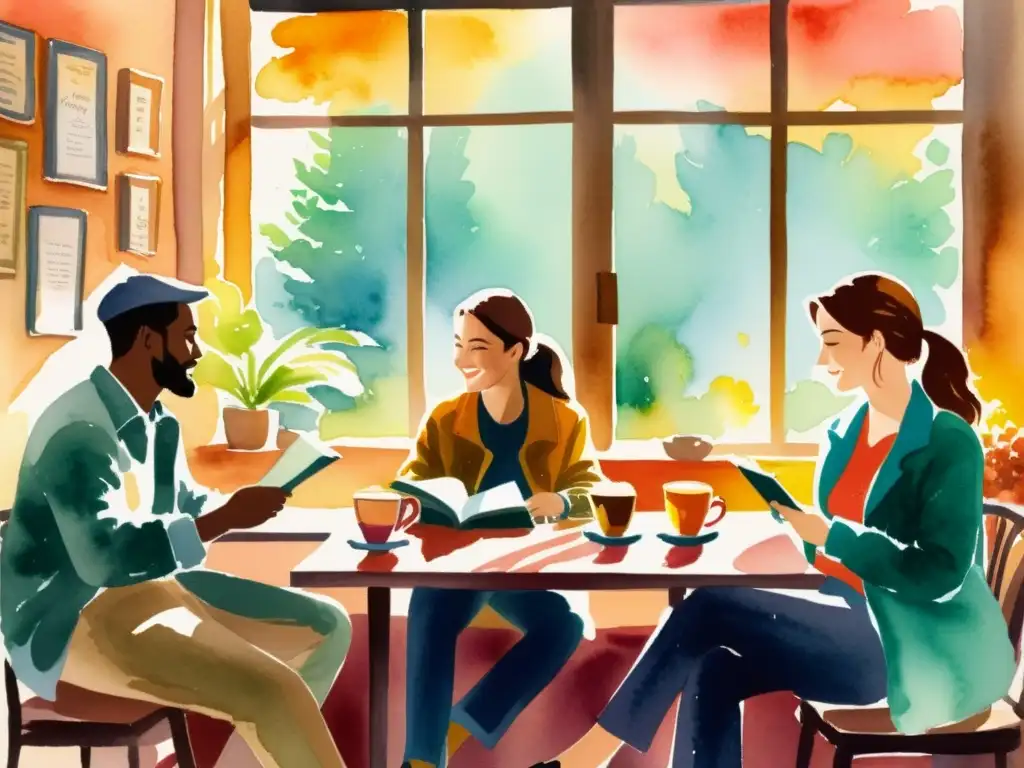 Un grupo de poetas disfruta de una animada conversación en un acogedor café, sosteniendo sus libros de poesía y disfrutando de café caliente