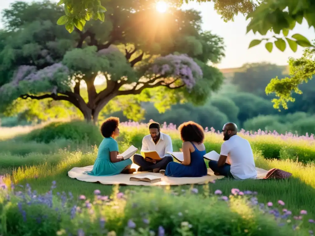 Un grupo de poetas apasionados y diversos colabora en un poema bajo un árbol, rodeados de naturaleza