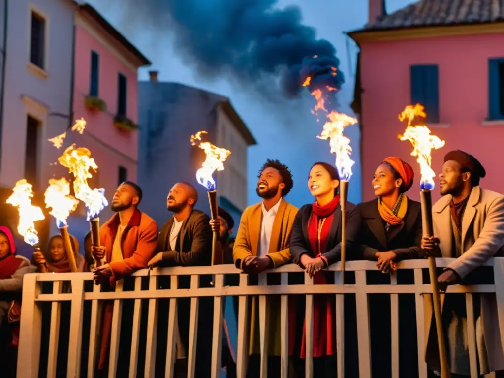 Grupo de poetas apasionados recitando versos en una barricada iluminada por antorchas, evocando la influencia de poetas que cambiaron historia