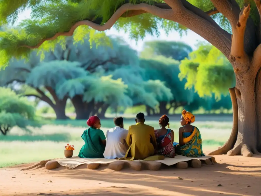 Poetas somalíes bajo el acacia milenario Grupo de poetas somalíes escribiendo bajo un árbol, rodeados de naturaleza exuberante, reflejando la resiliencia de la poesía somalí