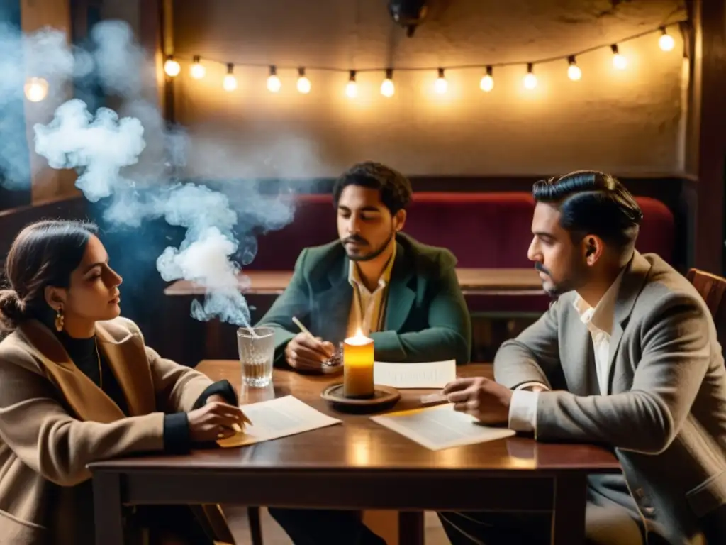 Grupo de poetas y artistas de 1927 en un café bohemio, discutiendo en medio de humo y luz cálida, reflejando la vanguardia popular