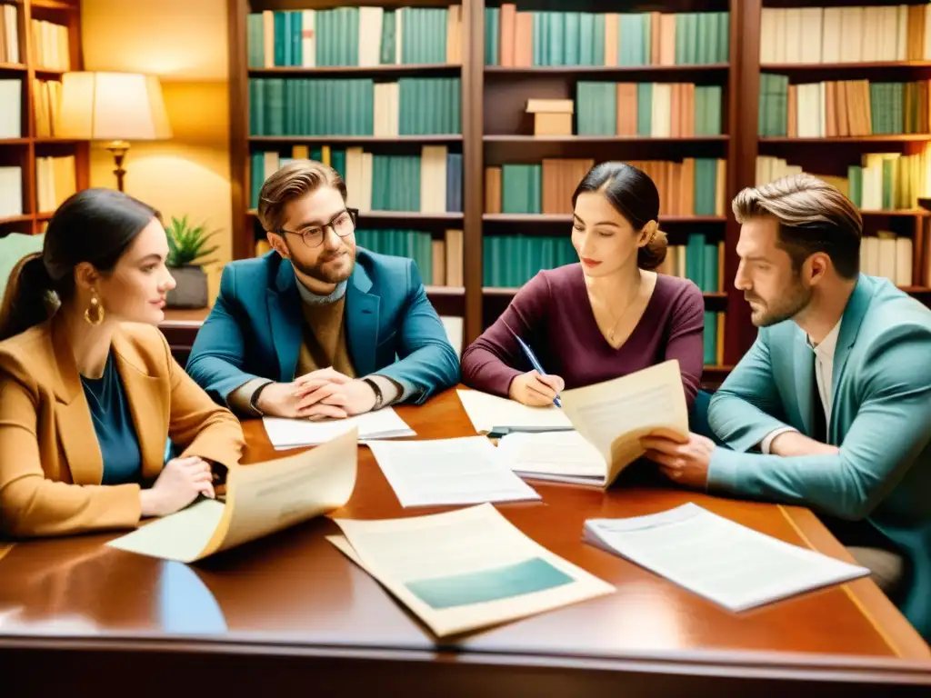 Un grupo de poetas discute aspectos legales de contrato editorial en una atmósfera cálida y creativa