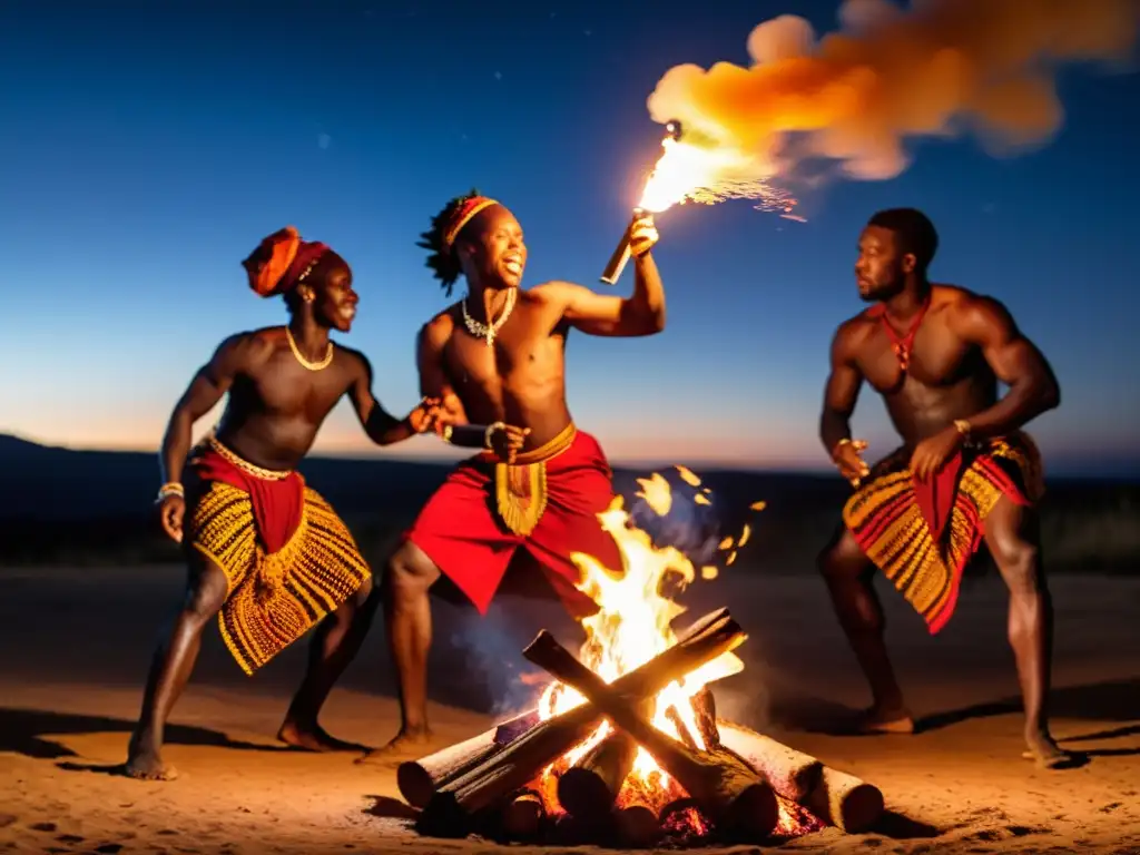 Un grupo de poetas y bailarines africanos realizan una emocionante actuación de danza y poesía alrededor de una fogata, sus movimientos fluidos y gráciles llenan el aire de energía