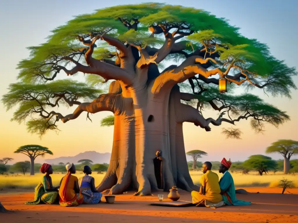 Un grupo de poetas se reúnen bajo un baobab en Dar es Salaam, con colores vibrantes y la ciudad al fondo