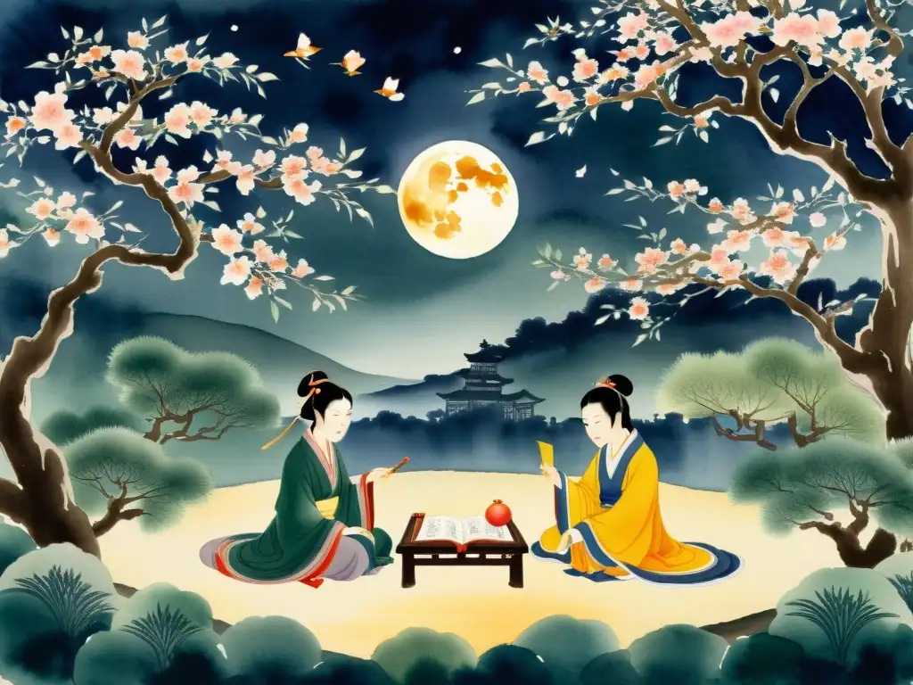 Rebeldía poética bajo la luna: pintura acuarela de la dinastía Tang Grupo de poetas Tang desafiando censura, recitando versos subversivos bajo la luna en un jardín sereno