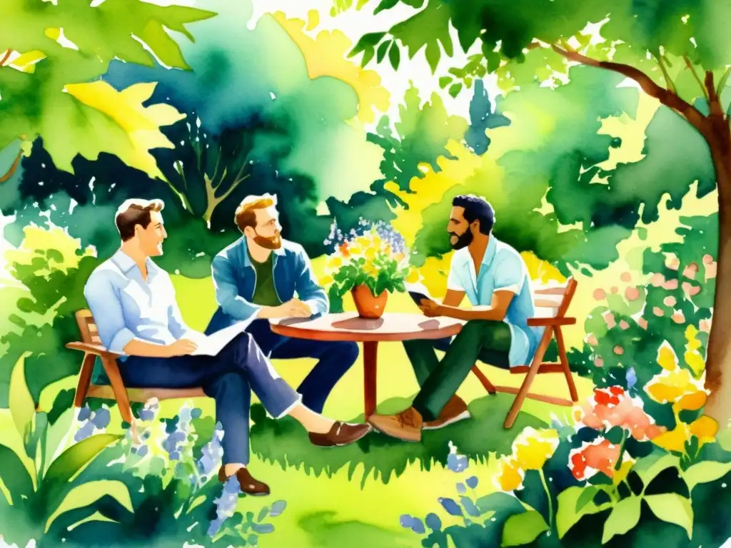 Un grupo de poetas contemporáneos conversando animadamente en un jardín soleado, rodeados de flores y vegetación exuberante en una pintura acuarela