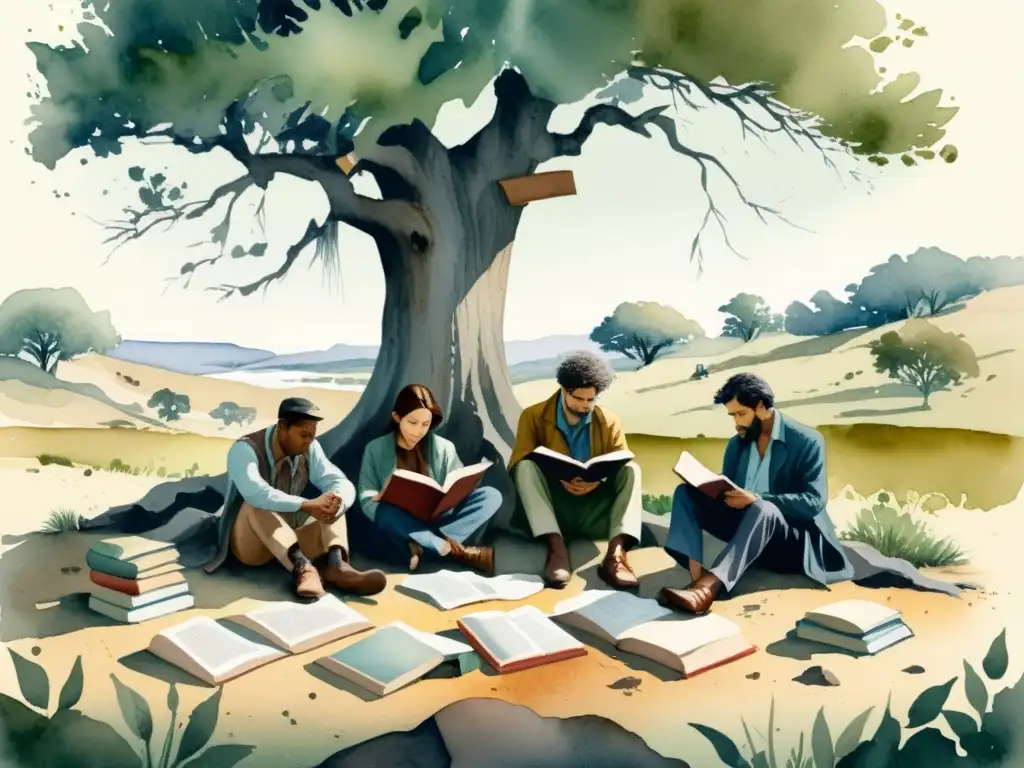 Un grupo de poetas en diáspora poética, reflexionando bajo un árbol en un paisaje de guerra