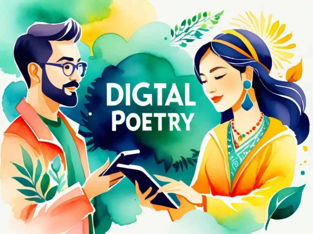 Un grupo de poetas digitales muestra su trabajo en dispositivos móviles con colores vibrantes y detalles energéticos, fusionando tradición y tecnología en concursos poéticos digitales