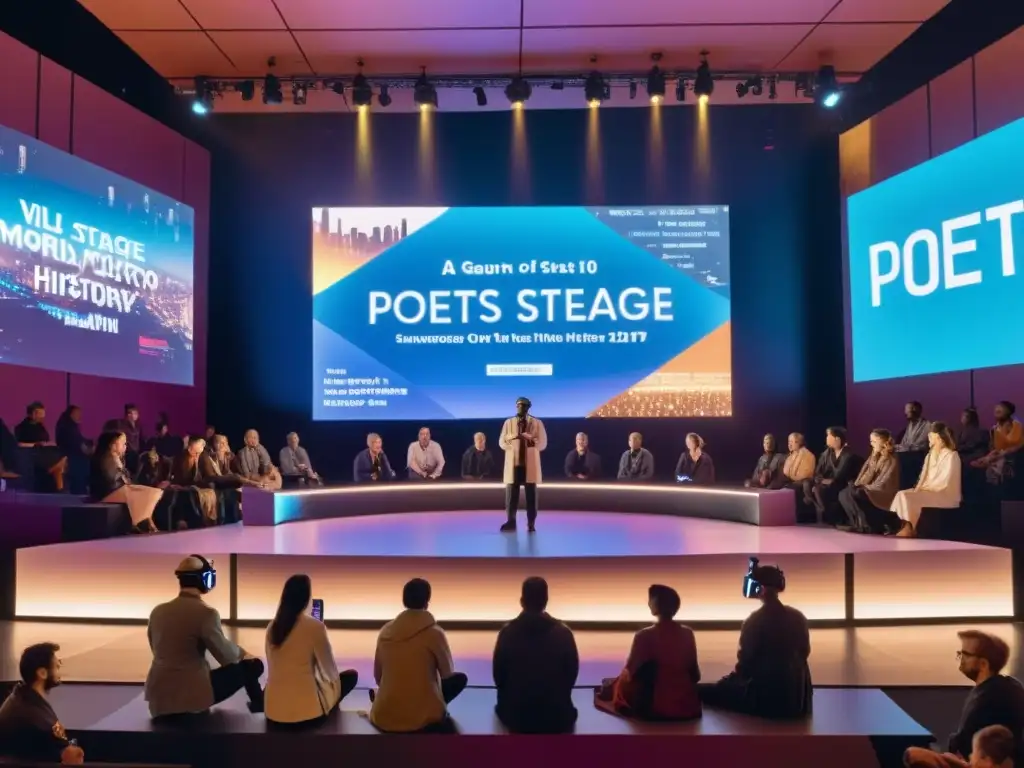 Grupo de poetas en un escenario digital, rodeados de pantallas brillantes con poesía en varios idiomas