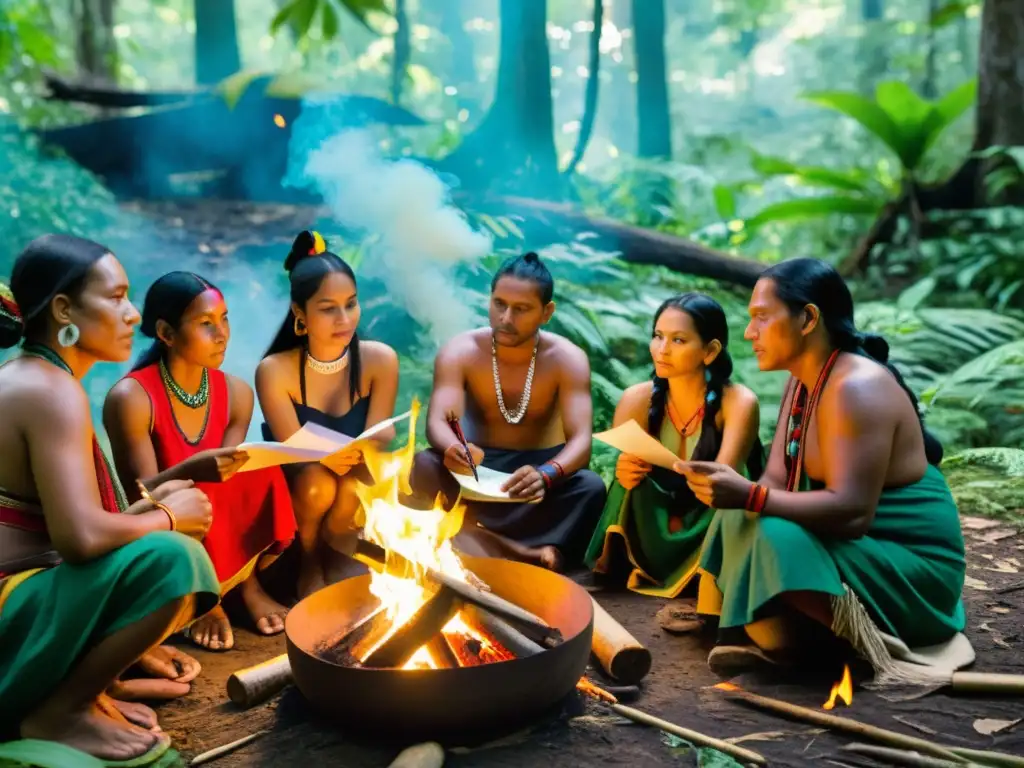 Grupo de poetas y escritores indígenas del Nuevo Mundo intercambiando versos alrededor del fuego sagrado, en un bosque exuberante