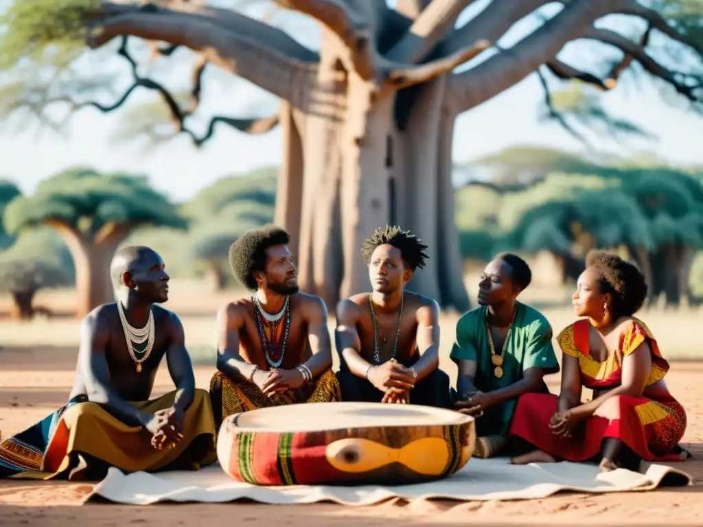 Un grupo de poetas indígenas africanos recita bajo un baobab, celebrando la riqueza de la poesía indígena africana, sus lenguas y culturas