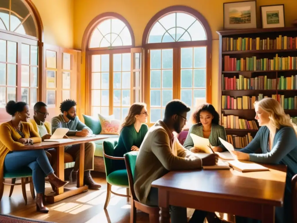 Un grupo de poetas inmersos en su escritura y conversación, rodeados de libros y cuadernos en un acogedor café iluminado por el sol