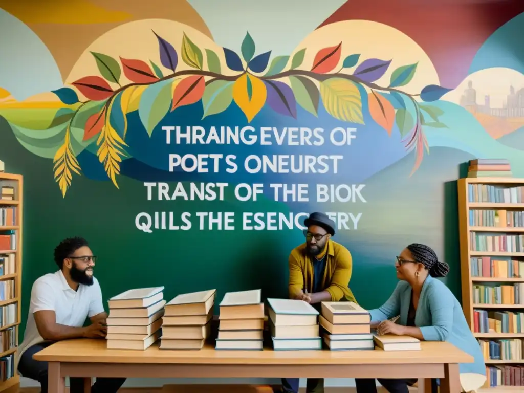 Mural de poetas diversos traduciendo poesía Grupo de poetas diversos trabajando juntos en traducción, desafío de mantener esencia poesía traducida reflejado en mural detallado y colorido