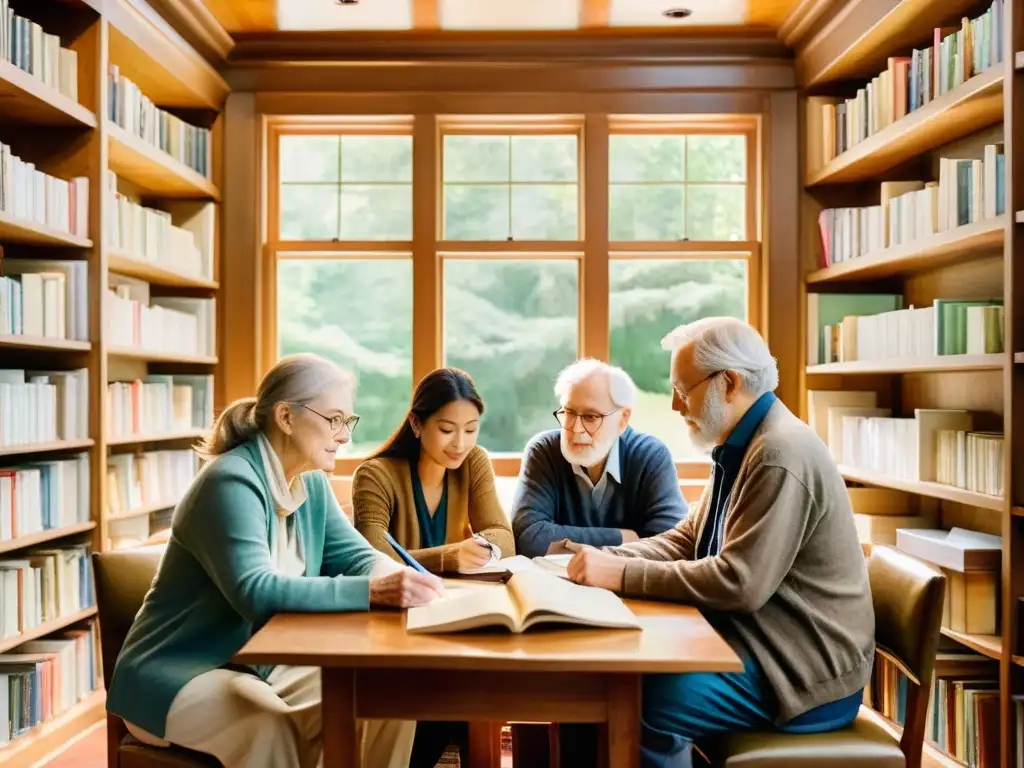 Un grupo de poetas mayores de 50 años comparte concursos de poesía en una biblioteca acogedora, rodeados de libros