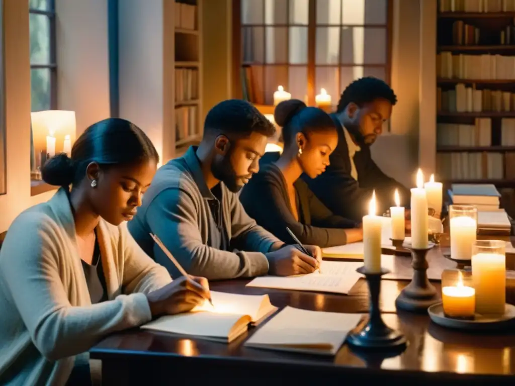 Un grupo de poetas reunidos en una habitación tenue, compartiendo sus palabras bajo la luz de las velas