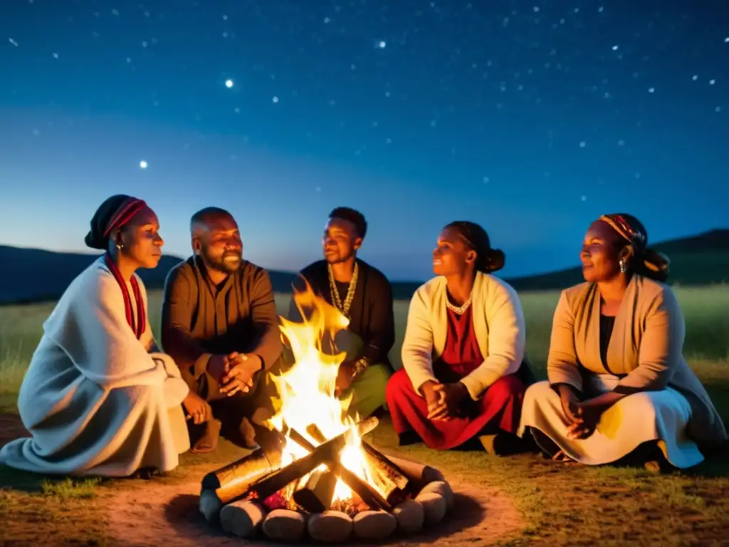 Un grupo de poetas Shona recita poesía alrededor de una fogata en la noche estrellada de Zimbabue, expresando lo sagrado y profano de su cultura