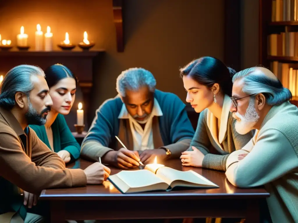 Grupo de poetas del Siglo de Plata inmersos en apasionada conversación, rodeados de libros y tinteros bajo cálida luz de velas