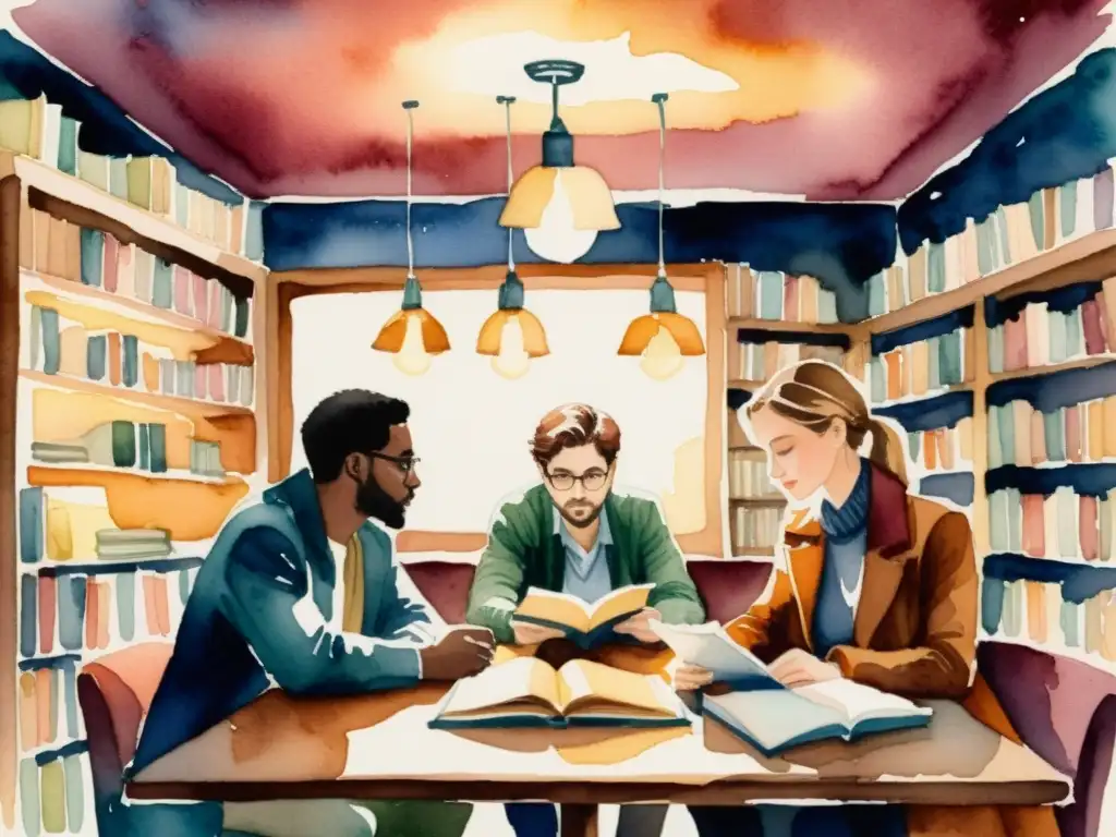 Un grupo de poetas subversivos se reúnen en un café, rodeados de libros, en una atmósfera cálida y etérea