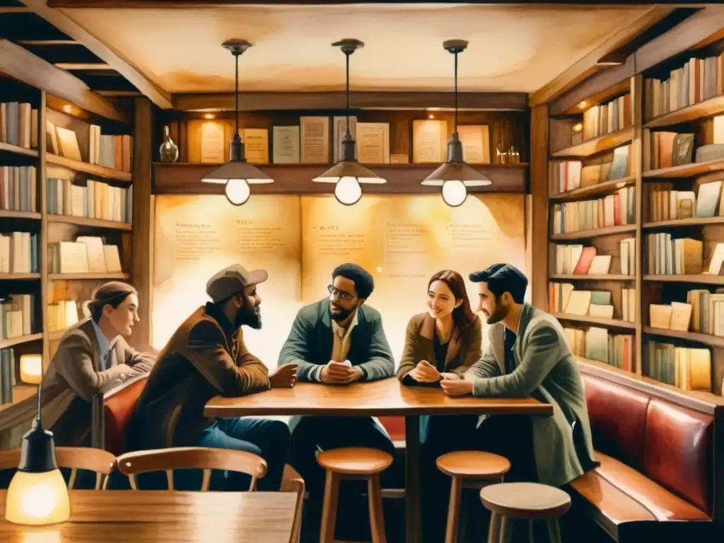 Grupo de poetas subversivos en café underground, ambiente íntimo y creativo