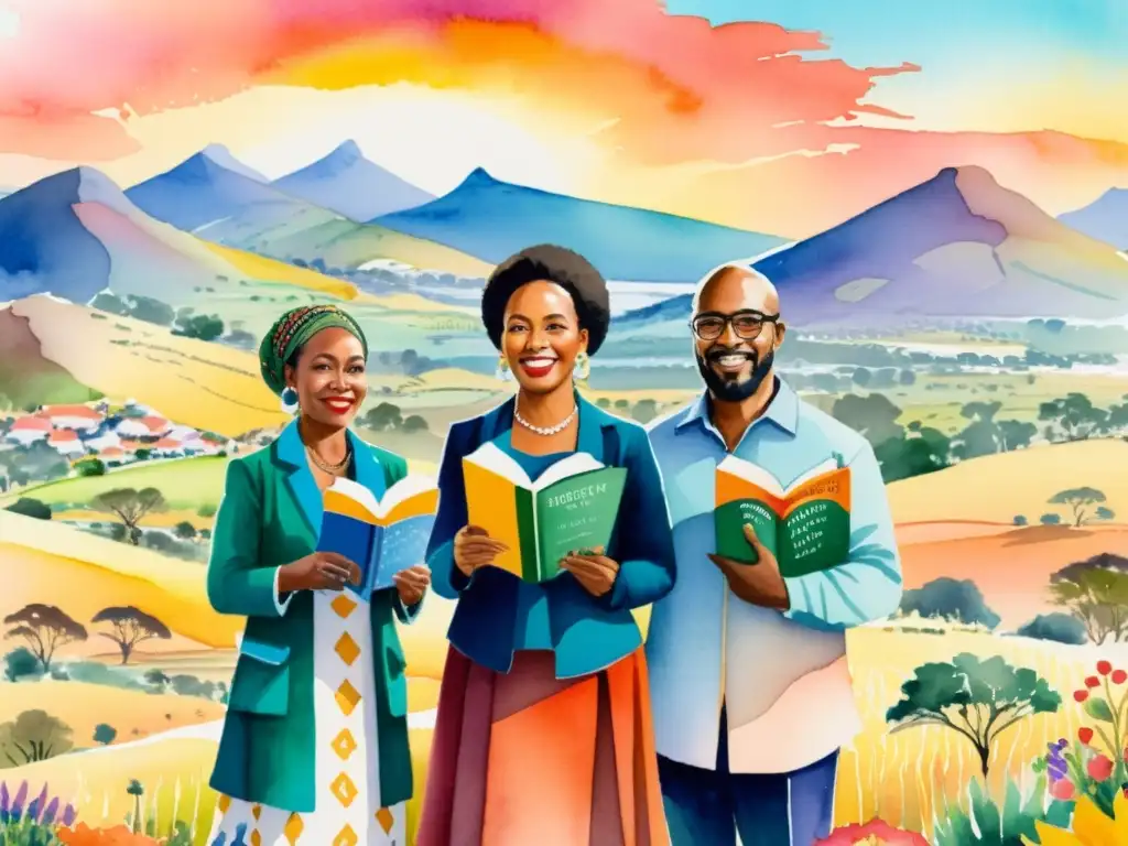 Grupo de poetas sudafricanos postapartheid unidos, con libros de poesía, en paisaje vibrante de atardecer y colinas, simbolizando libertad y unidad