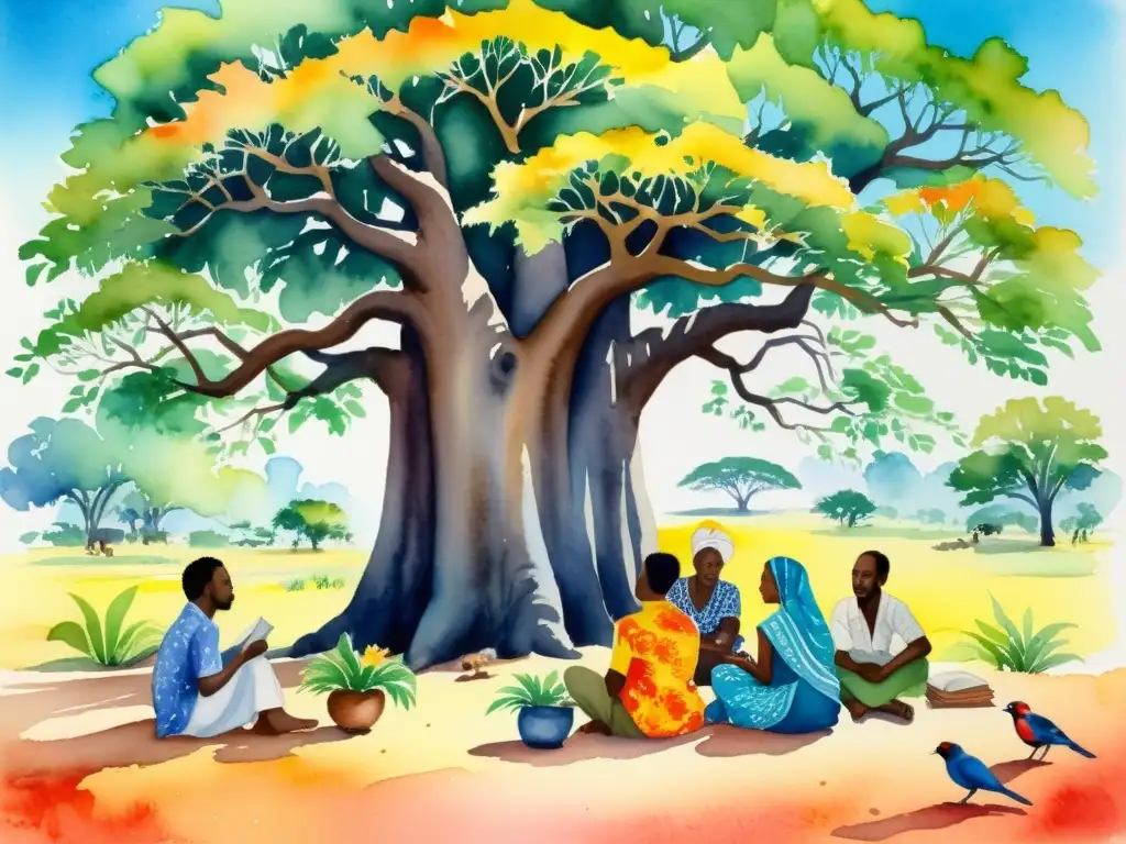 Un grupo de poetas swahili recita versos bajo un baobab, rodeados de naturaleza exuberante