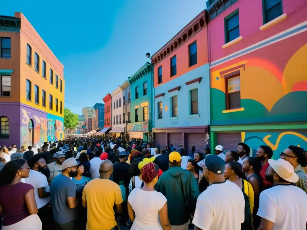 Grupo de poetas recitando versos en una calle urbana llena de grafitis y murales, capturando la esencia de la poesía urbana en la lucha social