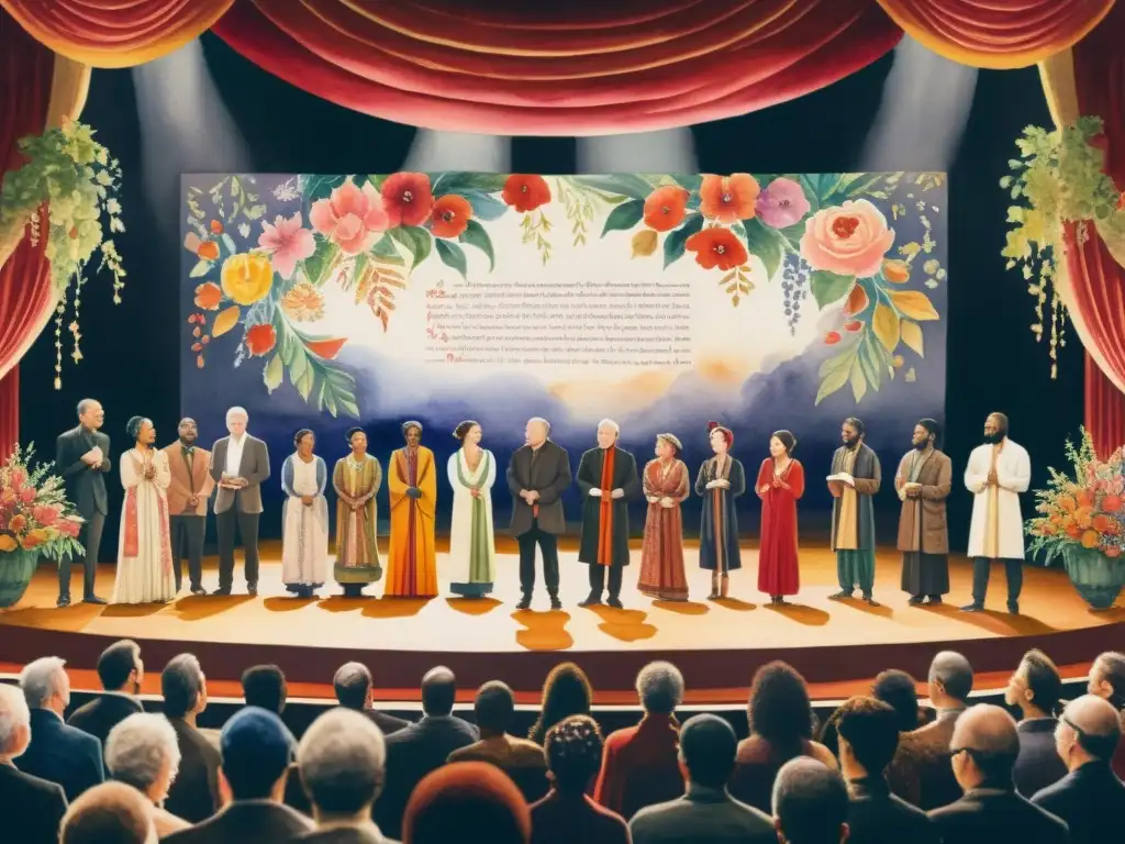 Grupo de poetas recitando versos en un escenario, con una audiencia conmovida y aplaudiendo